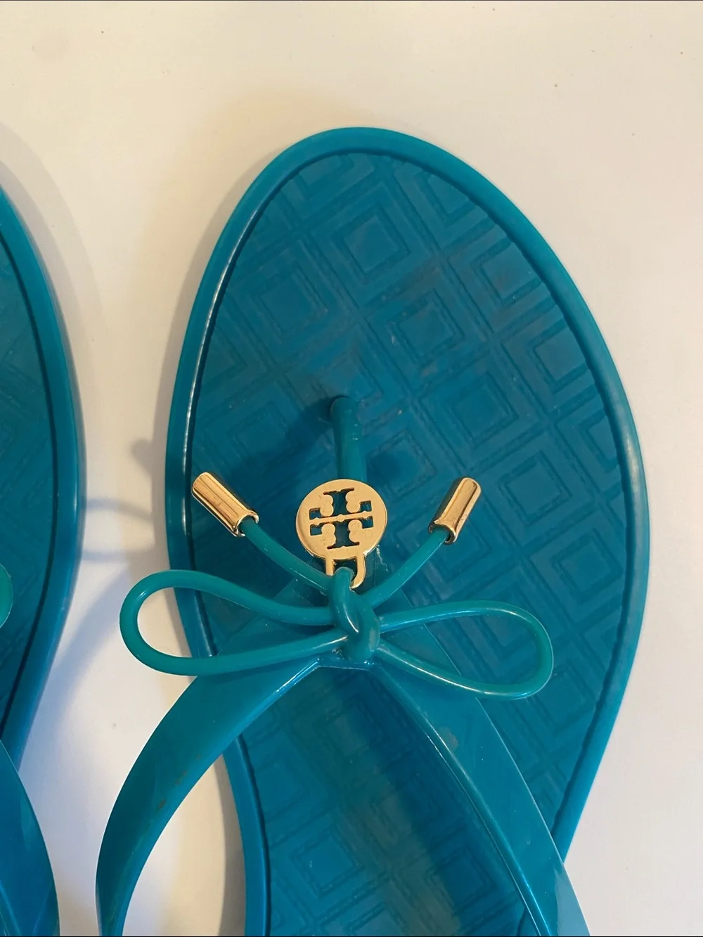 Tory Burch Teal Jelly Bow Flip Flop Sandals with Gold Logo